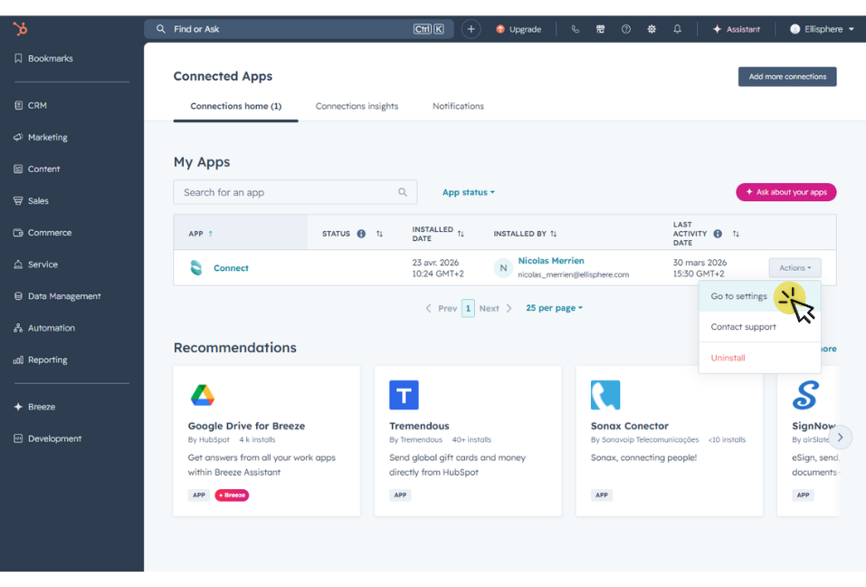 1. Ouvrez l’application CONNECT, cliquez sur Go to settings, puis sur Paramètres contrat