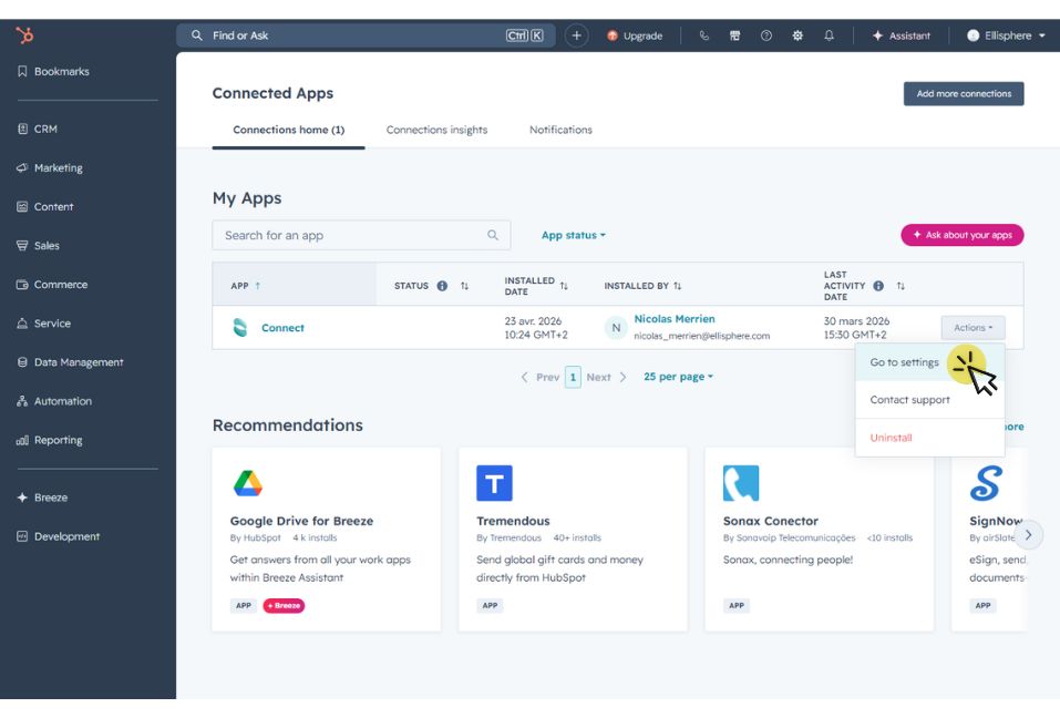 1. Ouvrez l’application CONNECT, cliquez sur Go to settings, puis sur Paramètres contrat